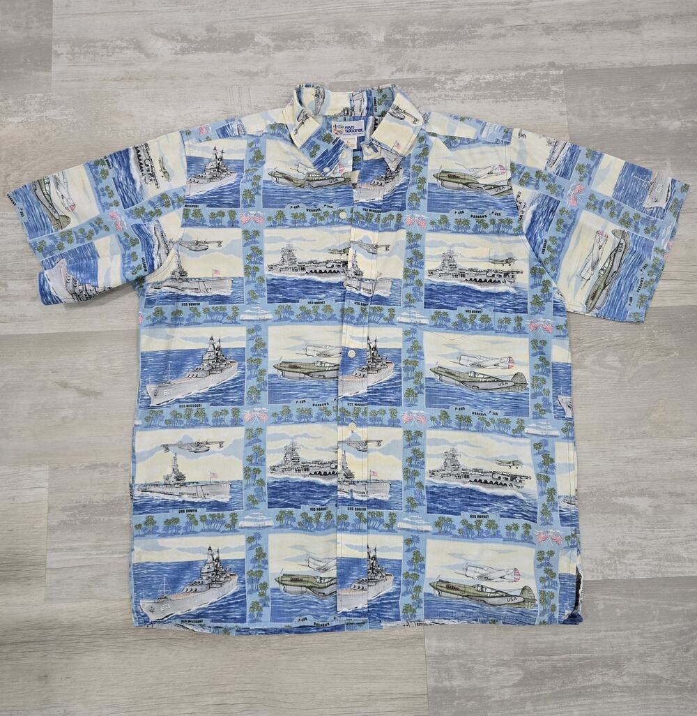 Vtg Reyn Spooner 90s WWII Navy Warships 100% Cotton Hawaiian Shirt Men L USA EUC